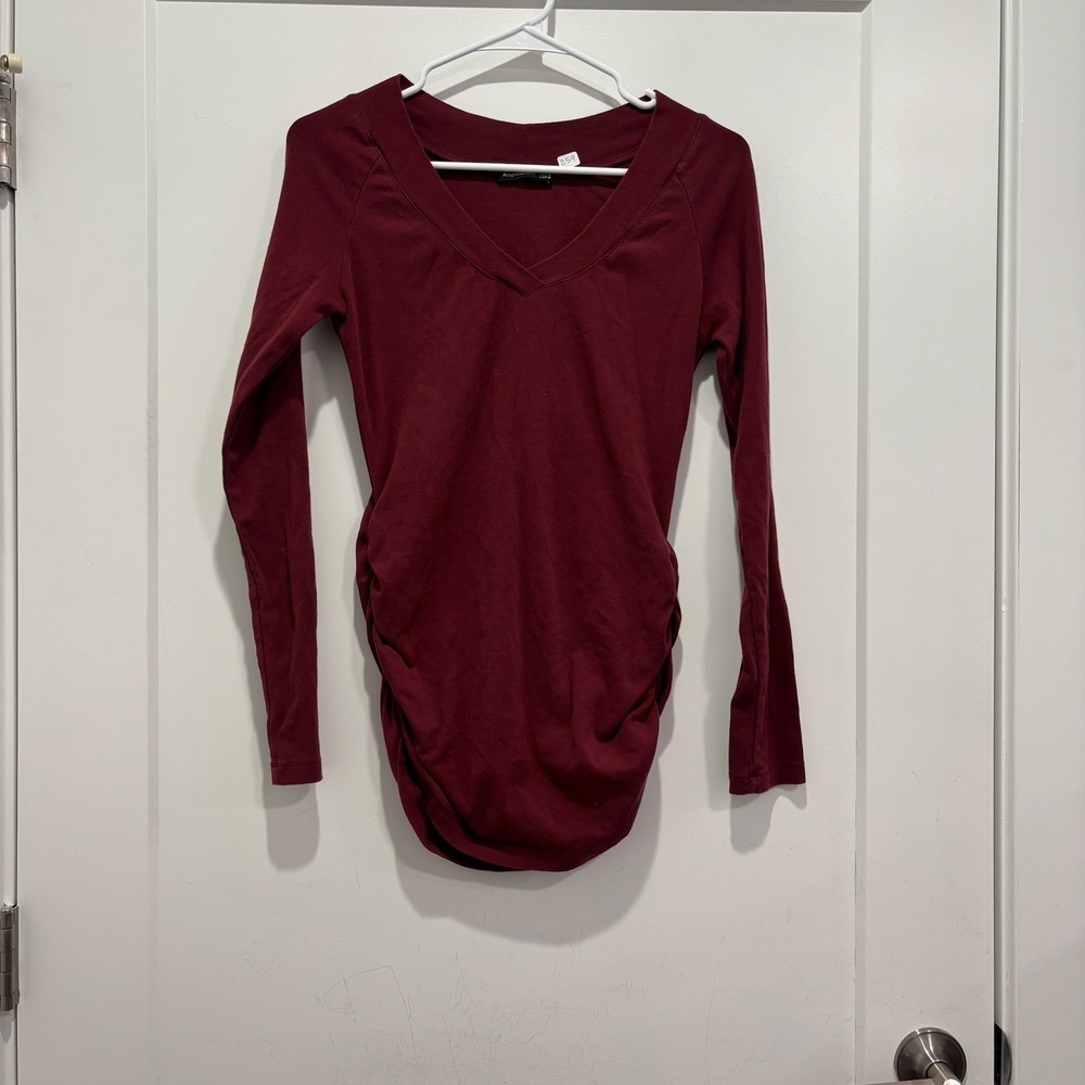 Amelie Boutik Burgundy V-Neck Ruched Side Long Sleeve Top Womens Medium